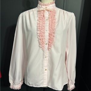 Vintage Pink Ruffle Lace Mock Neck Blouse Victorian Revival Coquette Regency M